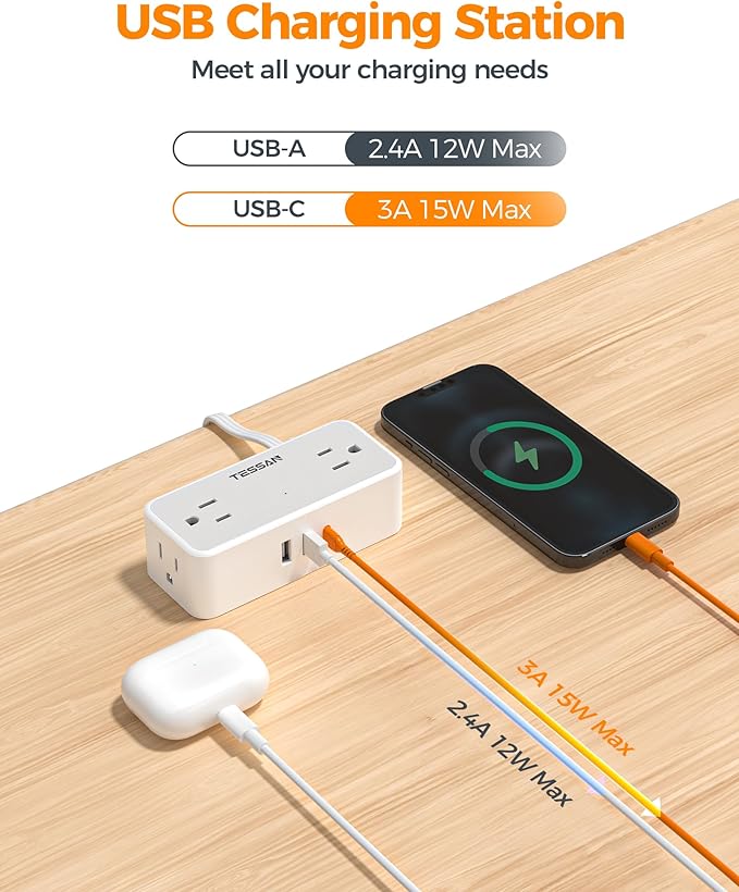 Flat Plug Extension Cord 10 FT, TESSAN Surge Protector Power Strip with 4 AC Outlets 1 USB C and 2 USB A Ports, 900 Joules Protection, Multiple Wall Outlet Extender Suitable for Home Office Dorm