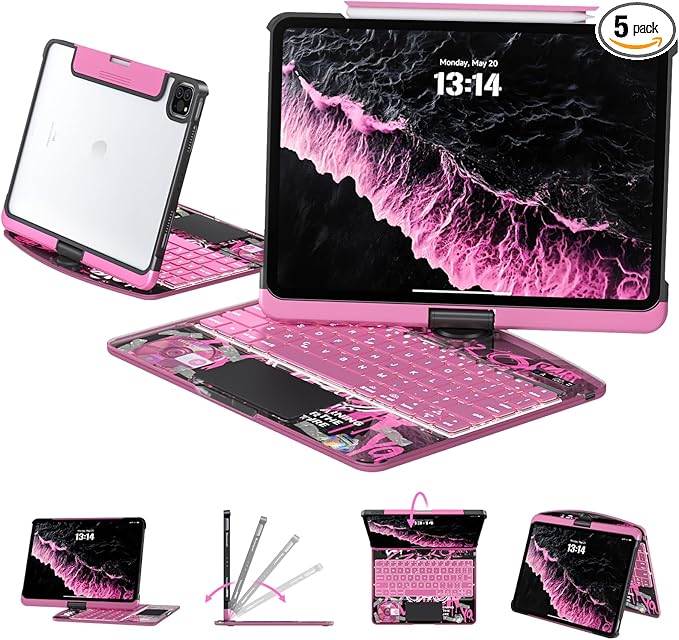 Transparent Case with Keyboard for 2024 iPad Pro 11-inch(M4),with 7-Color Backlit Wireless Keyboard, 360°Rotatable Protective Case Multi-Touch Trackpad,with Pencil Holder,with Shortcuts,Pink