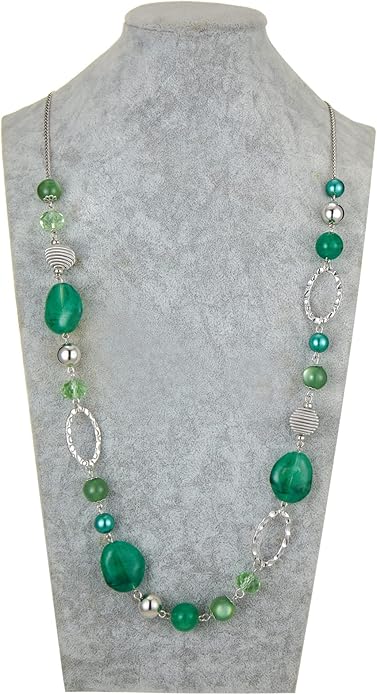 BULINLIN Beaded Long Necklace for Women Silver Sweater Chain Necklace with Crystal Resin Beads, Fashion Jewelry Necklace