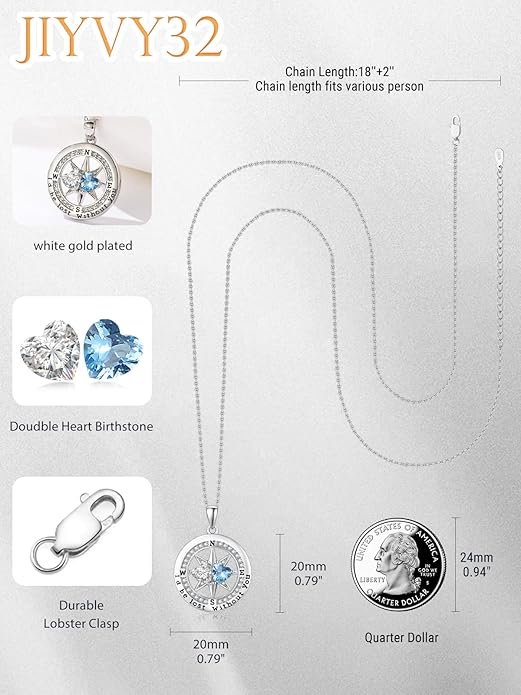 Compass Necklace for Women, Exquisite S925 Valentines Day Anniversary Birthday Gifts for Wife Her Double Birthstone Pendant Jewelry ‘I'd be Lost Without You’