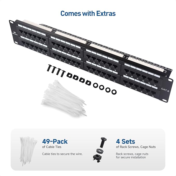 [UL Listed] Cable Matters 48 Port Patch Panel Rackmount or Wall Mount 19-Inch with Support Bar, 2U Cat6 Network Patch Panel for 10 Gigabit Ethernet, 110 or Krone Impact Tools Compatible