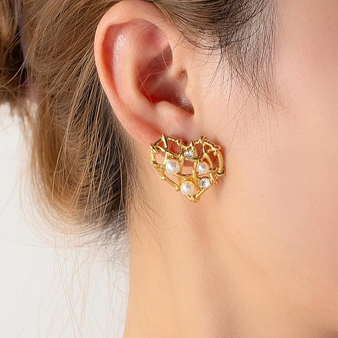 Vintage Gold Statement Stud Earrings, Stainless Steel Chunky Drop Dangle Thick Earrings, Geometric Design with Pearl Accents, Textured Sun Round Heart Pattern for Women