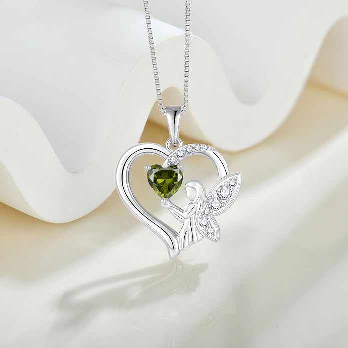 Guardian Angel Necklace 925 Sterling Silver Heart Angel Wings Pendant Birthstone Jewelry for Women