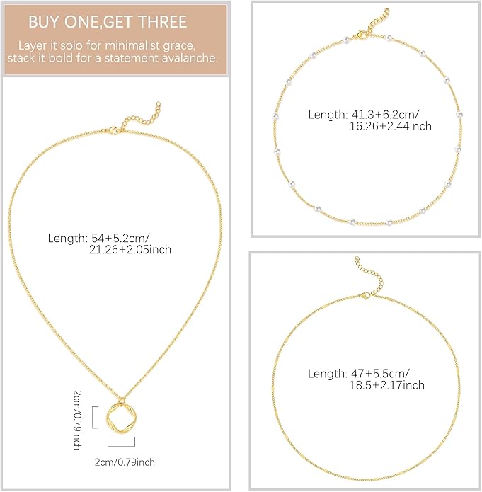 Evabelle Gold Layered Necklace for Women Trendy Jewelry 14K Real Gold Plated Chunky Chain Stackable Necklaces Dainty Choker Necklaces Rectangle Square Pendant