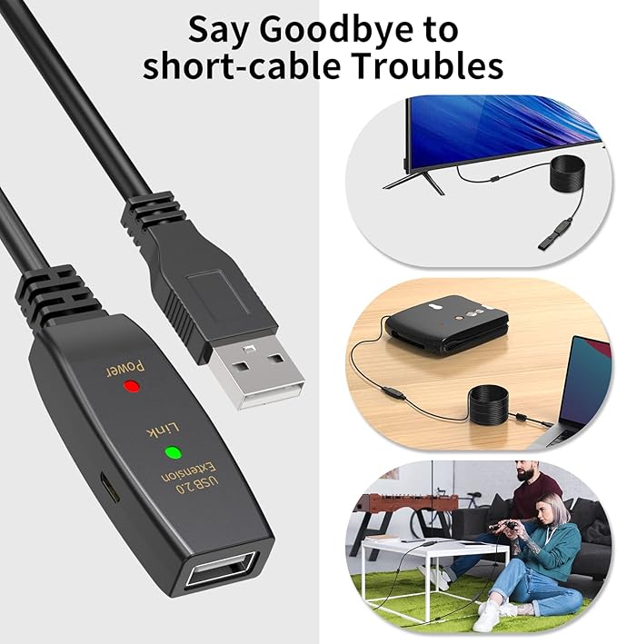 LDKCOK 100FT Active USB Extension Cable 2.0 Male to Female with A Extension chipset Signal Booster - Active Extension/Repeate