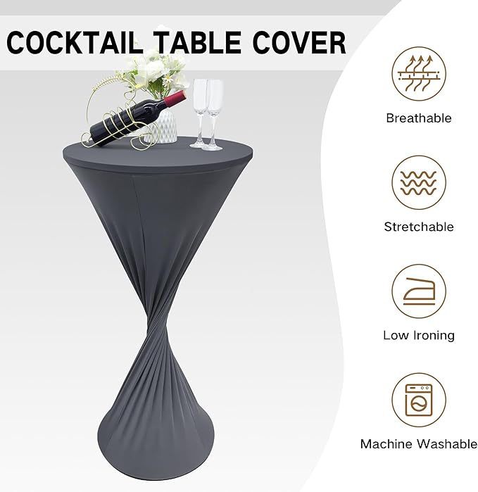 24x43 Inch Round Fitted Cocktail Table Cover Grey Spandex Cocktail Table Cloth Highboy Fitted Tablecloth High Top Table Cloths for Party Pub Banquet Bistro