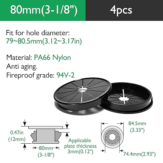 4PCS Cable Grommets, 3-1/8"(80mm) Desk Hole Cover Petal Shaped Buckle Type Nylon Snap Bushing Grommet, Wire Hole Cover Insert for Cables and Cords Management and Protection of Cabinet, Black