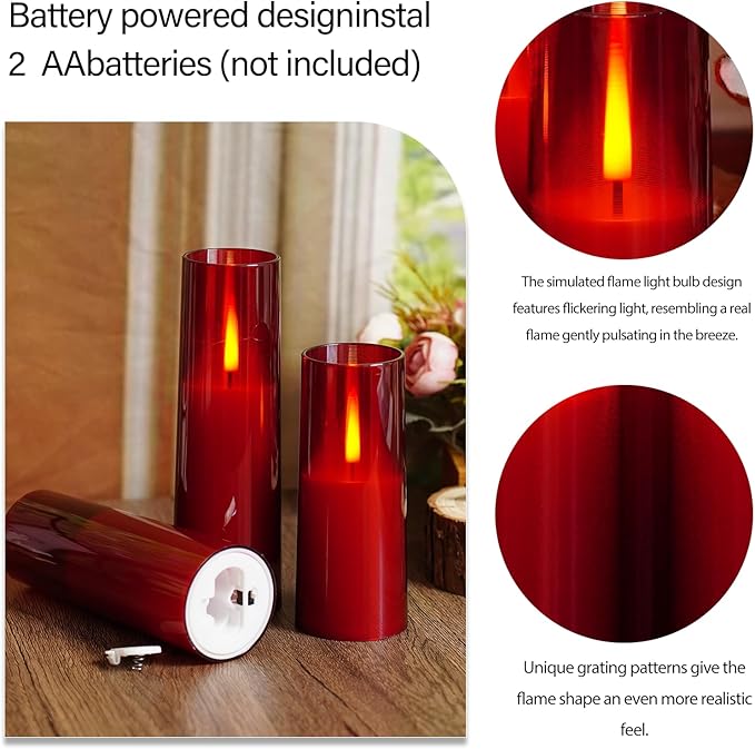 Flameless LED Candles, Upgraded Realistic 5 Pcs Flickering Flame Pillar Candles, Battery Operated Candles with Remote Timer, for Romantic Ambiance and Home Decoration (Red)