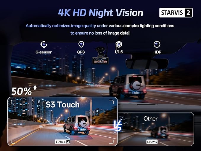Pelsee 4K Dash Cam Front and Rear, STARVIS 2 Sensor, Dash Camera for Cars with Full-Color Night Vision, 128GB Card, 48H Parking Mode, Voice Control & WiFi, 3.39"Car Dash Camera, HDR ADAS GPS S3 Touch