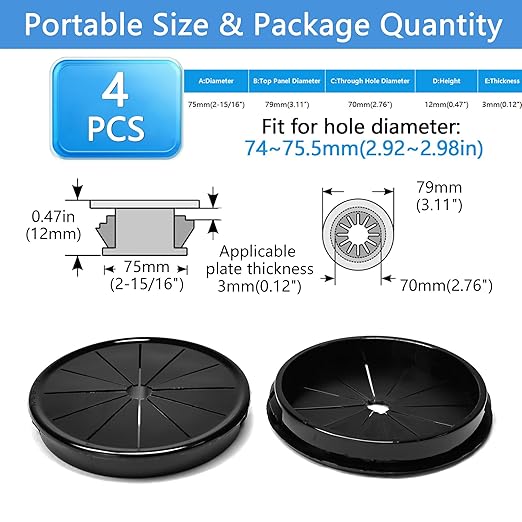 4 Pcs Cable Grommet, Snap Bushing 2-15/16" (75 mm) Mounting Diameter, Flexible Petal-Shaped Buckle Round Nylon Desk Grommet for Wires Through Countertop Cord Organizer and Protection, Black