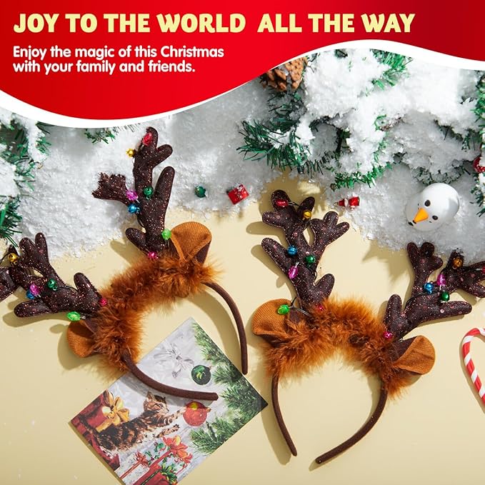 JOYIN Christmas 2PCS Reindeer Headband, Light-Up LED Antlers Reindeer Hat Holiday Headbands for Christmas Party Supplies and Holiday Parties Favors (ONE SIZE FITS ALL)