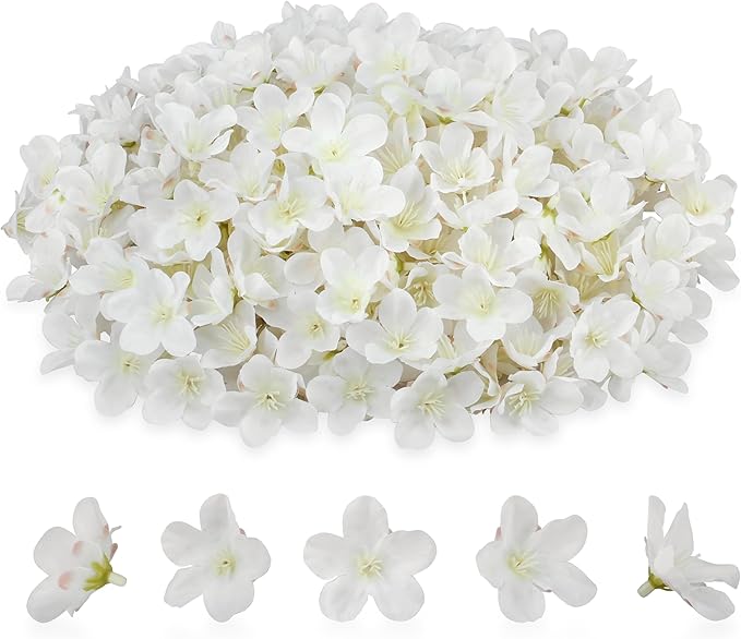 100pcs White Cherry Blossom Flowers Artificial Mini Cherry Blossom Heads Silk for Crafts DIY Wedding Party Decor(1.6 Inch)