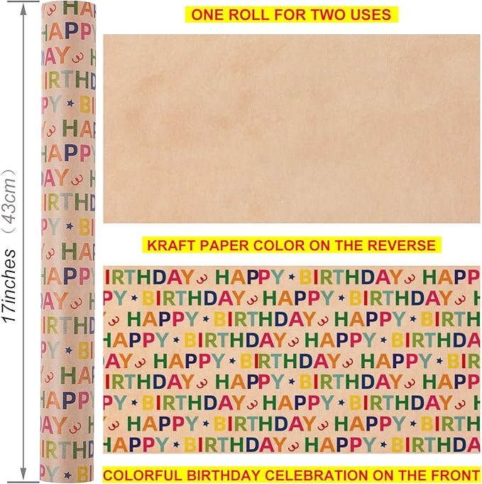 Kraft Birthday Wrapping Paper - Mini Roll - 17 Inches X 33 Feet - for Boys Girls Kids - Colorful Happy Birthday Pattern Great for Teen, Party, Baby Shower