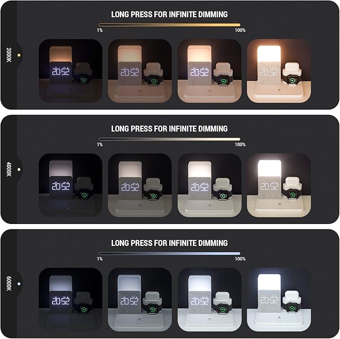 Wireless Charging Station, 7 in 1 Charging Station, Alarm Clock with Wireless Charger, Night Light, iPhone 12/13/14/15/16 Pro/Pro Max13 Mini/13 Pro Max/12 pro, AirPods