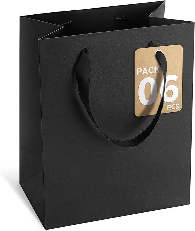 Black Gift Bags With Handles 6 Pcs 8x5x10 Inch Back to School Gift Bags Medium Size Bulk for Wedding Party Birthday Business