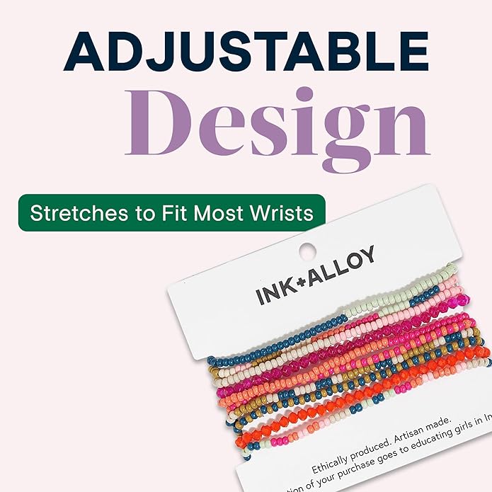 INK + ALLOY 10-Strand Stacking Beaded Bracelets for Women – Mixed Patterns Bracelet Stack - Adjustable Stretch Fit - Handmade Boho Bracelets for Women - Perfect for Any Occasion