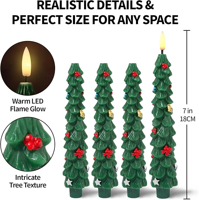 Flameless LED Christmas Tree Candles, 6 Pack – Battery Powered Holiday Lights with Warm Flickering Glow, Safe No-Flame Decor for Mantels, Dinner Parties, Family Gatherings & Gifting