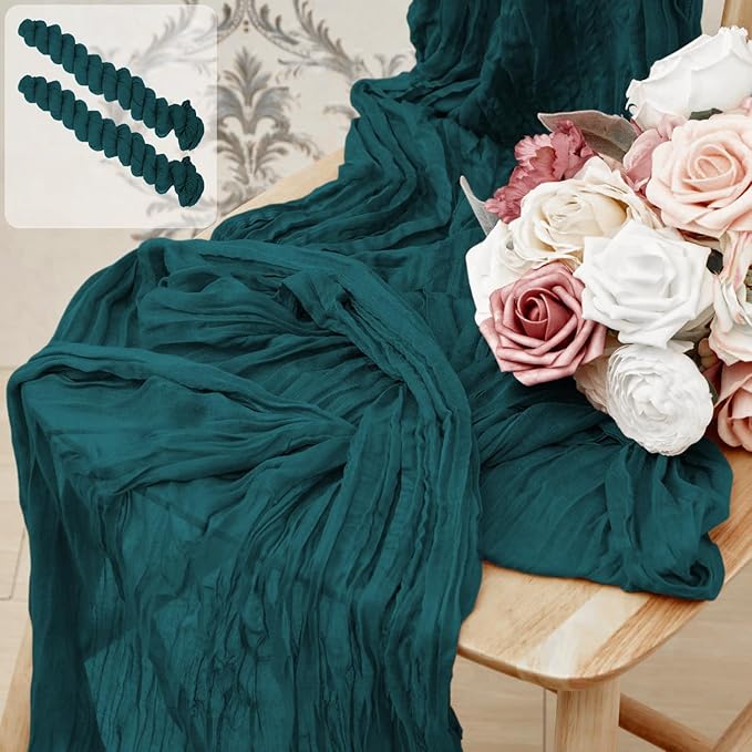 2 Pack 10 Ft Cheesecloth Table Runner Teal Gauze Long Table Runners Boho Gauze Cheese Cloth Table Runner Rustic Sheer Runner for Wedding Party Table Decor ( 35 x 120 Inch )