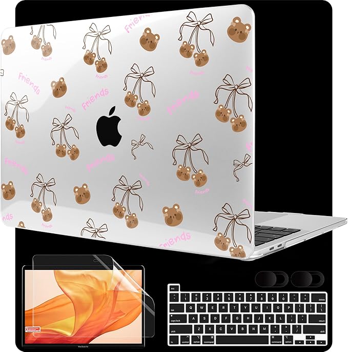 MEEgoodo Case for MacBook Pro 13 inch Case 2022 2021 2020 New A2338 M2/M1 A2251 A2289, Laptop Hard Shell with Keyboard & Camera Cover Compatible with 13 inch MacBook Pro, Teddy Bear & Bows