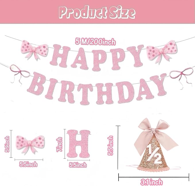 Half Birthday Hat Decorations 2 Set-Sequined Cone 1/2 Hat Happybirthday Banner for 6 Months Baby Girls Bow Birthday Party Decorations, Bow Party Deco(Rose Gold)