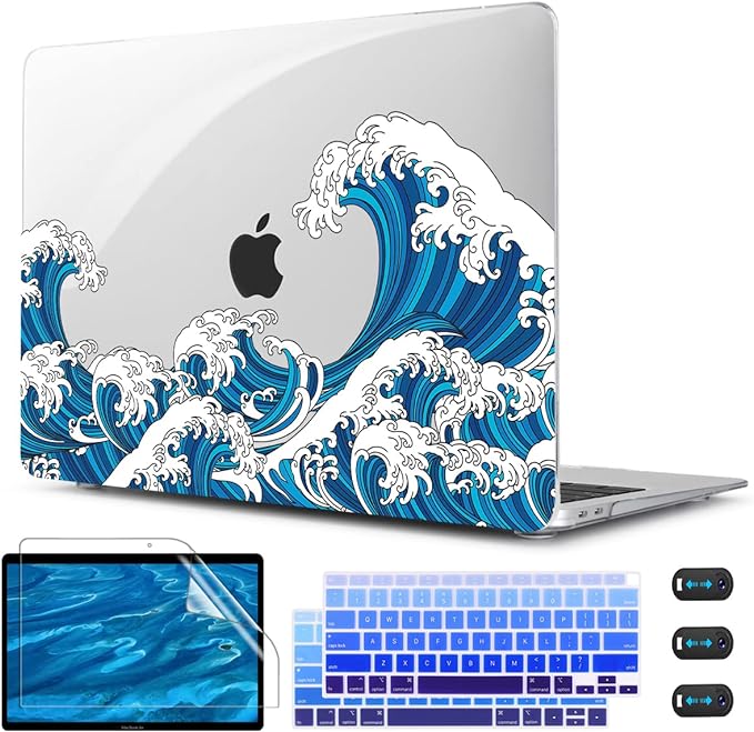 CISSOOK Wave Case for MacBook Air 13 inch Case 2021 2020 2019 2018 Release, Ocean Hard Shell Cover for MacBook Air 13'' with Touch ID A2337 M1 A2179 A1932 Model with Keyboard Cover + Screen Protector