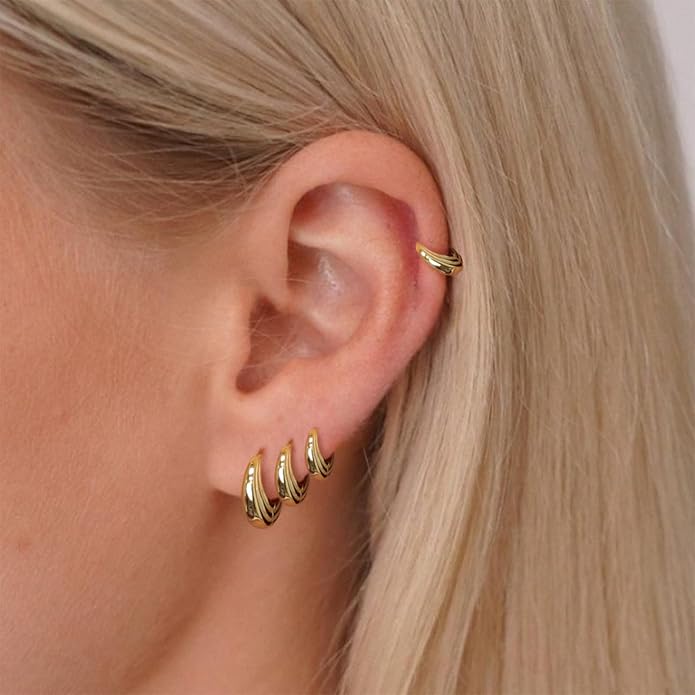 Small Gold Huggie Hoop Earrings Set for Women Men Hypoallergenic 14K Plated Stack Cartilage Earrings, Multiple Piercing Lightweight Mini Thin Cute Dainty Trendy Jewelry Set Christmas Gifts for Women