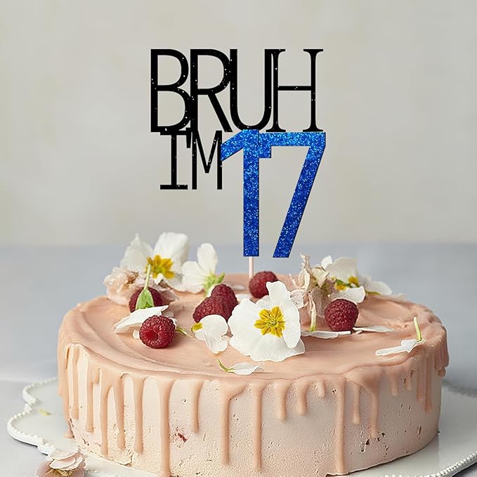 Bruh I'm 17 Cake Topper - Bro I'm 17, Happy Sweet 17 Ornament for Boys' 16th Birthday Party Supplies (blue 17)