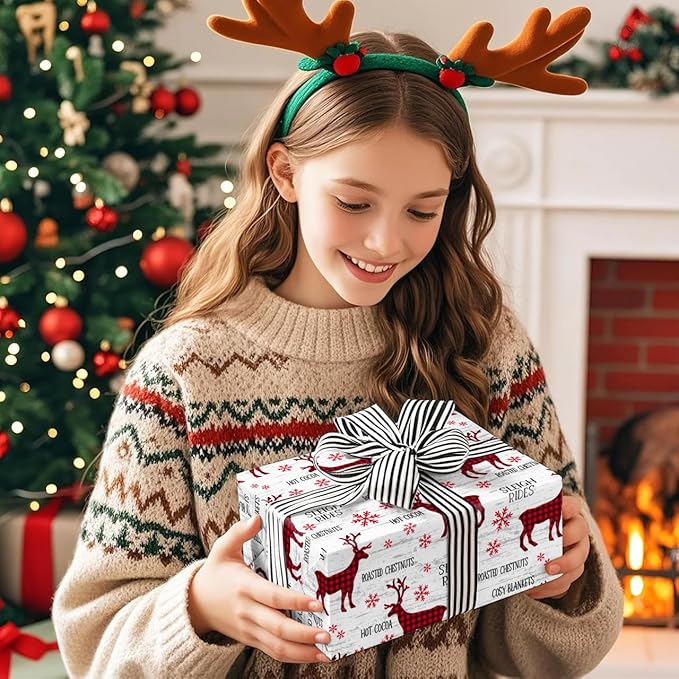 WRAPAHOLIC 30 Inch Jumbo Reversible Christmas Wrapping Paper - 30 Inch x 33 Feet - Red White Reindeer and Snowflake Wrapping Paper for Christmas, Holiday, Party