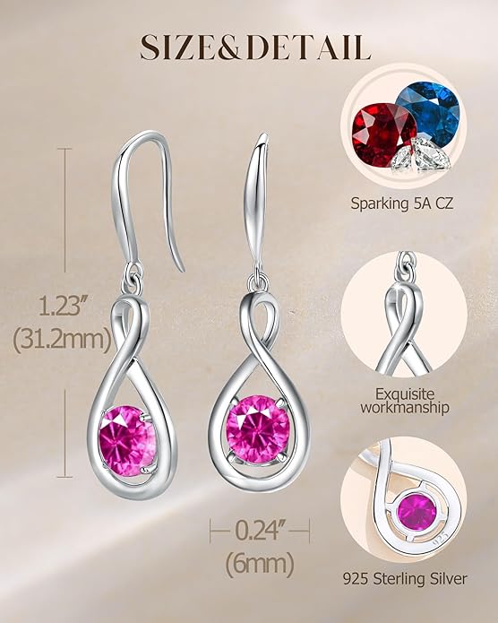 FANCIME Valentines Day Gift Dangle Drop Earrings 925 Sterling Silver Dainty Infinity Round Gemstone Birthstone Jewelry Birthday Gifts for Her Women