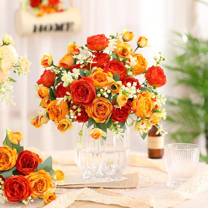 Floweroyal 4 Bunches Peony Artificial Flowers Orange Yellow Flowers Silk Peonies Bouquets for Wedding Party Table Centerpieces Floral Arrangement Home Kitchen Decor
