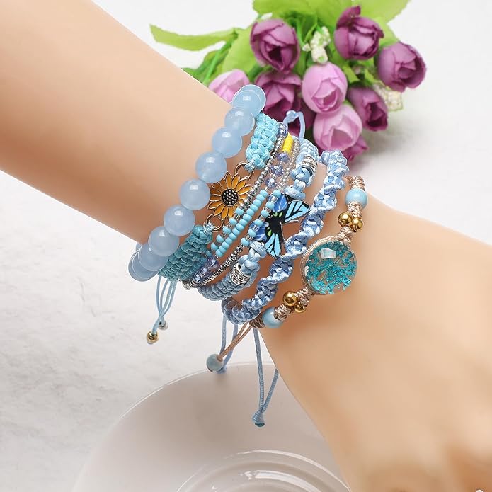 DS 6PCS String beads Charm Bracelets for Teen Girls Handmade Braided Rope Butterfly daisies Eternal flower Boho Surfer Bracelet for women Adjustable friendship Stretch birthday jewelry Gift Friends