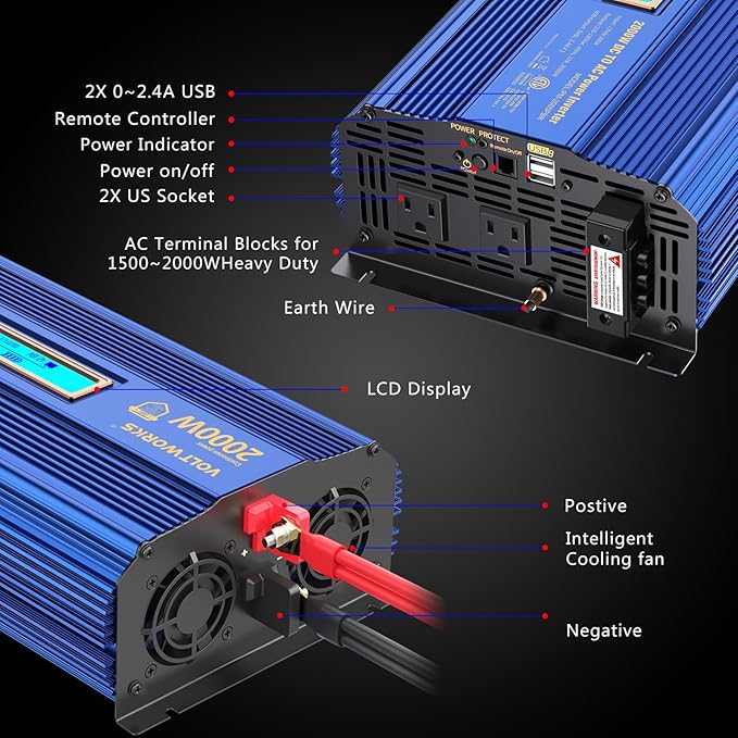Power Inverter 2000w DC 12V to AC 120V ETL UL458 Compatible with Lithium Battery for Off-Grid Solar Car RV Truck Boat with LCD Display Remote Control 2 AC Outlets Dual 2.4A USB Ports by VOLTWORKS