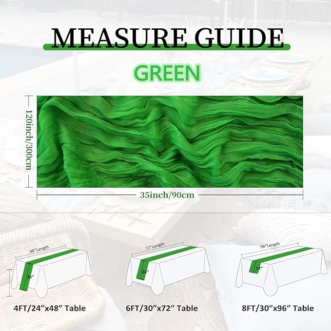 12 Pack Green Cheesecloth Table Runner 10FT Boho Gauze Fabric 35 x 120 Inch Rustic Sheer Runner for Christmas Centerpiece Wedding Decor Baby Shower Party Boho Table Decoration