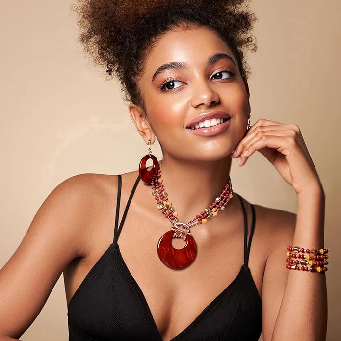 Jewelry Sets for Women 4 Pcs Chunky Beaded Mrs Roper Costume Jewelry for Women Boho Multi Strand Colorful Shell Necklace for Women
