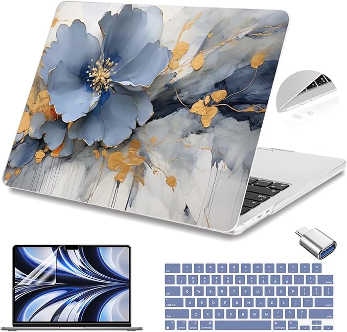 Teryeefi Compatible with A2681 A3113 A3240 MacBook Air 13.6 inch Case M2 M3 M4 Release 2022-2025,Protective Slim Cover + Keyboard Cover+OTG Adapter for 13.6 inch MacBook Air Liquid Retina, Art Florals