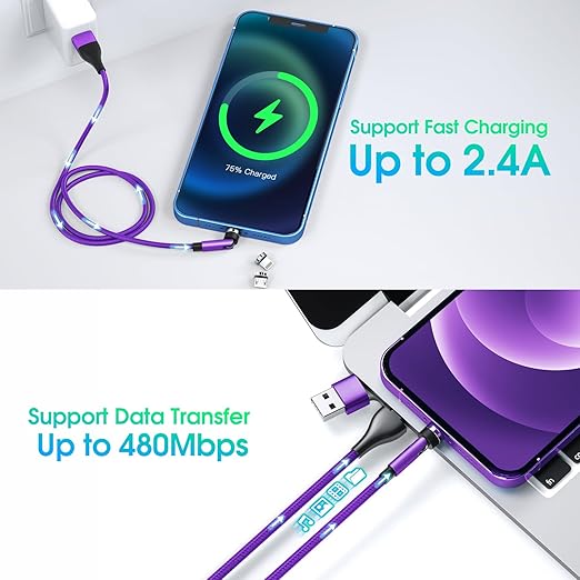 5-in-1 Magnetic Charging Cable, 540° Rotation Magnetic Phone Charger [4-Pack, 3ft/3ft/6ft/10ft] USB A/Type C Fast Charging Charger Cable for iproduct/Micro USB/USB C Devices-Purple