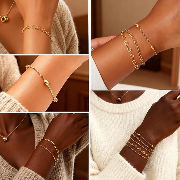 18K Gold Plated Bracelet Sets for Women Waterproof - Trendy Thin Dainty Stackable Cuban Link Paperclip Snake Twisted Chain Fashion Jewelry Accessories Gifts for Women