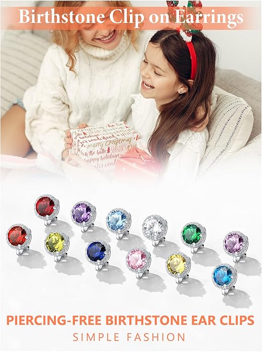 Silvora 925 Silver 8MM Cubic Zirconia Birthstone Clip On Stud Earrings Round Non Pierced Earrings For Women,Come with Box