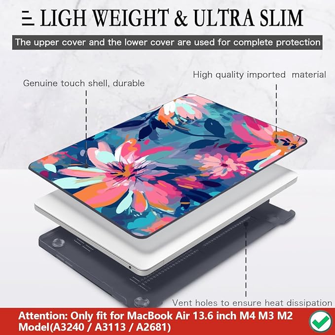 CISSOOK Compatible with MacBook Air 13.6 inch Case 2025 2024 2023 2022 Release M4 M3 M2 Chip A3240 A3113 A2681, Plastic Hard Shell Case &Keyboard Cover& Screen Protector, Muti-Color Painting