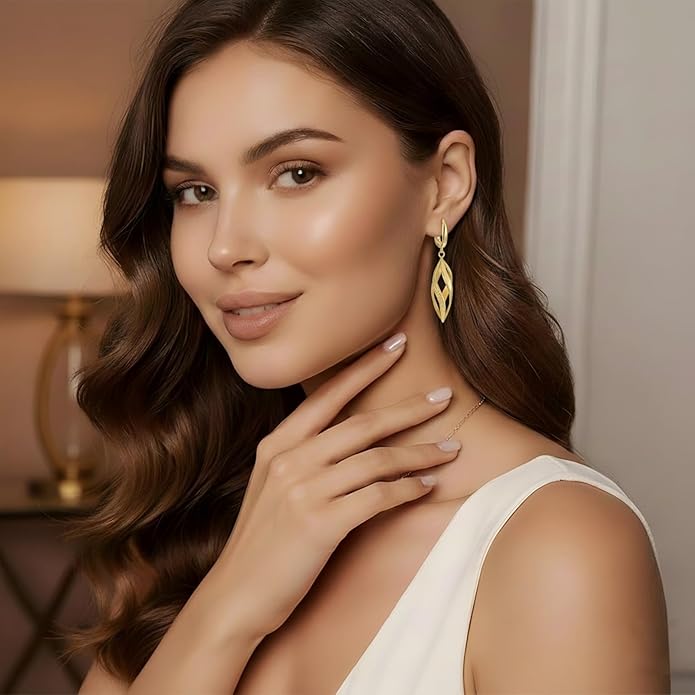 Gold Hoop Earrings 14K Gold Hoop Earrings for Women Dangle Drop Earring for Women Rhombic Twisted Hollow Shape Gold Drop Earring for Womens Dangling 40mm