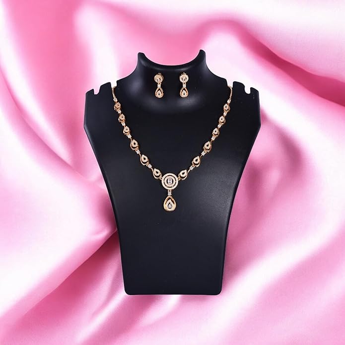 Nilu's Collection American Diamond Stone Studded | Rose Gold/Silver Plated | Anti Tarnish Jewellery Set for Women | Matching Earrings Perfect for Weddings and Special Occasions