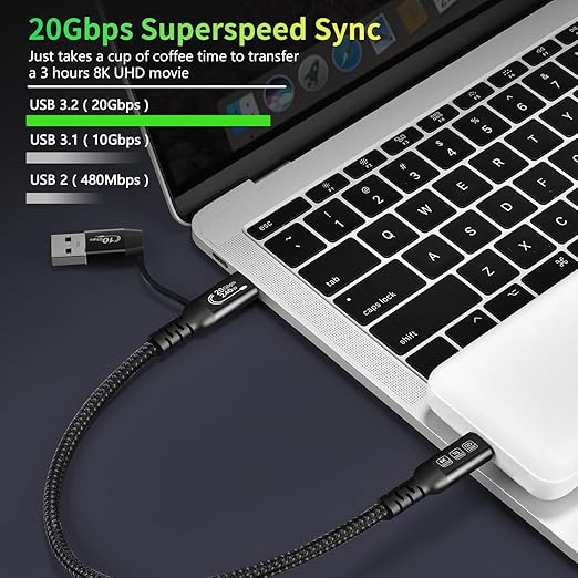 CABLEDECONN USB2.0 A to USB C 3.2 Type C 20Gbps Male to Male Detachable 0.5m 1.6ft Cable Data Extension 10Gbps 240W Fast Charge 8K Ultra HD Video Data Connection Power Line