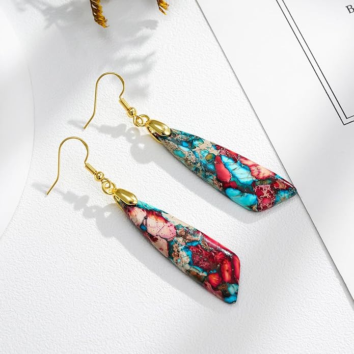 Boho Women Natural Stone Earrings Unique Healing Imperial Jasper Gemstone Energy Hypoallergenic Lightweight Dangle Drop Earrings Multiple Styles Earrings Jewelry for Birthday Party Gift