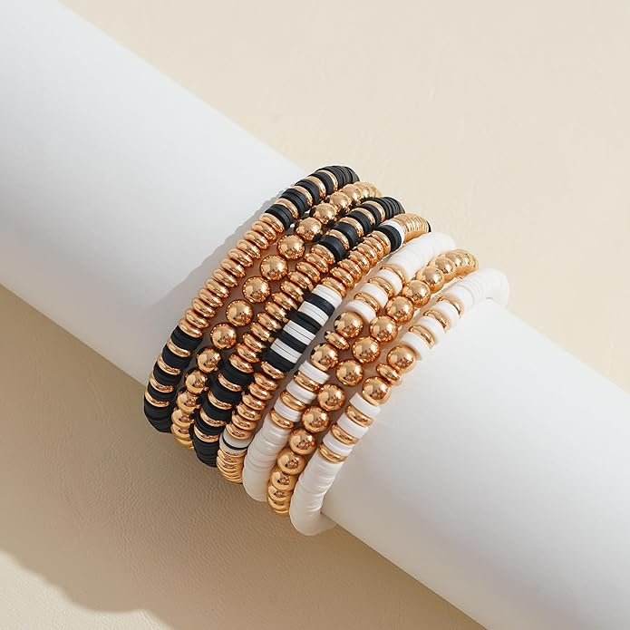 GOOJIDS Surfer Heishi Clay Bead Bracelets for Women Bohemian Stackable Gold Plated Beaded Stretch Bracelets Elastic Layering Friendship Bracelets Set Boho Jewelry