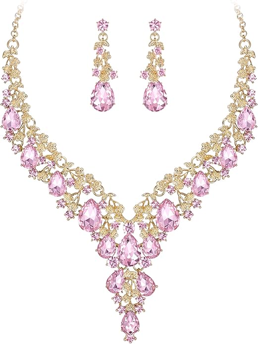 BriLove Women's Wedding Bridal Austrian Crystal Teardrop Flower Cluster Statement Necklace Dangle Earrings Jewelry Set for Party Prom