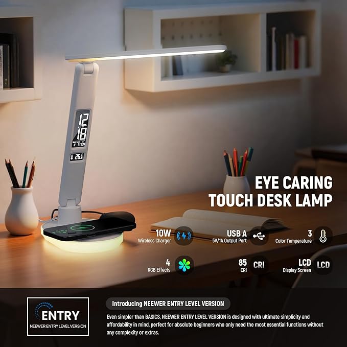 NEEWER Entry Level Version LED Desk Lamp with USB A Output, 3 Modes/5 Brightness Levels/4 RGB Effects/CRI85, LCD for Temp/Date/Time/Alarm, Eye Caring Touch Table Light for Home Office/Reading, N20