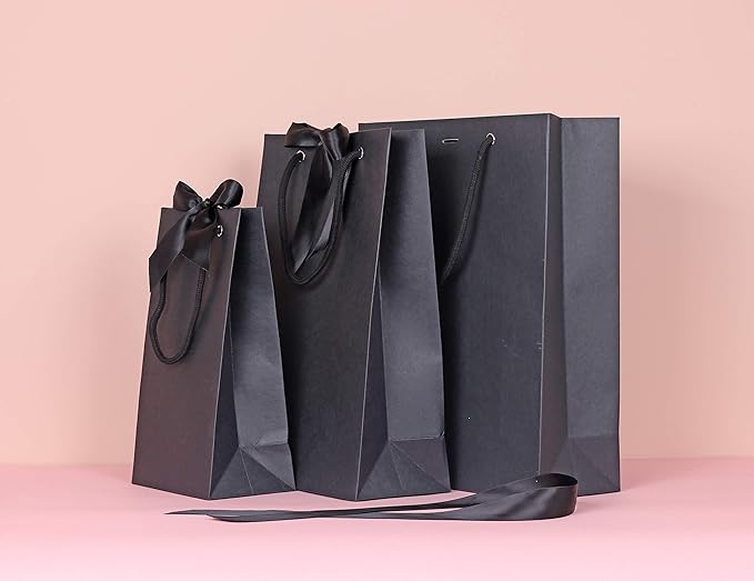 PAPERIST 12pcs Elegance Gift Bag with Satin Bows Ribbon, Sturdy Durable Thick Gift Bag, Black gift bag with Black handle and Ribbon, Gift bag for Wedding, Christmas, Birthday Party, Bridal Shower
