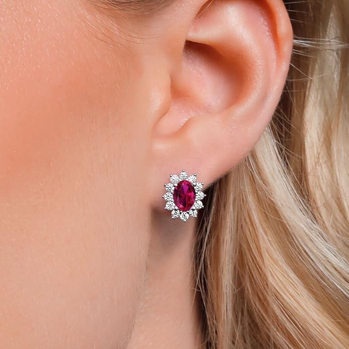 Gem Stone King 7X5MM Oval Gemstone Birthstone Stud Earrings For Women | Princess Diana Royal Halo Style | 925 Sterling Silver | Fine Jewelry Gifts for Anniversary Wedding Her Mom Women Wife