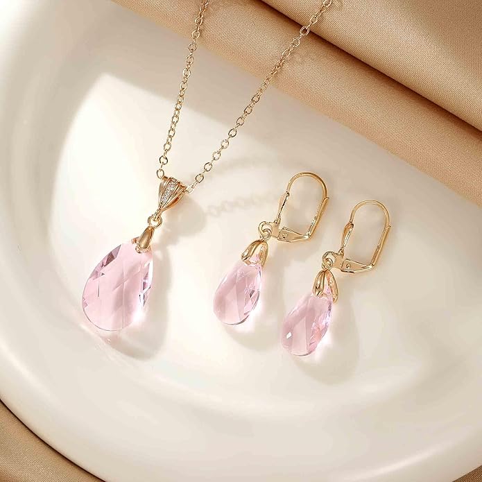 EVEVIC Austrian Crystals Teardrop Pendant Necklace Earrings for Women 14K Gold Plated Hypoallergenic Leverback Drop Dangle Earrings Jewelry Set