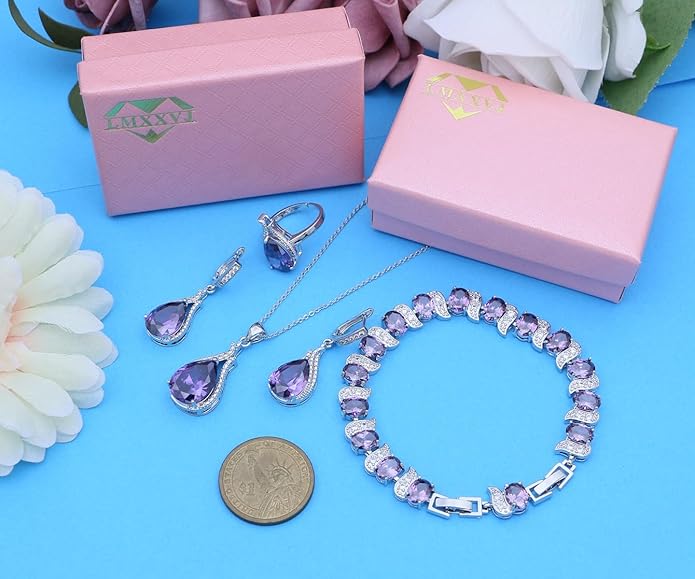 LMXXVJ Jewelry Set for Women,Teardrop Cubic Zirconia Necklace Earrings Adjustable Ring Bracelet Jewelry Set Formal Jewelry Gift
